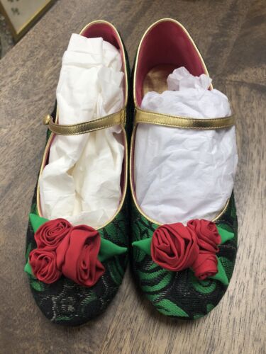 Dolce &Gabbana Girls Mary Jane Suede Floral Shoes Green/Black Red Flower Size 36