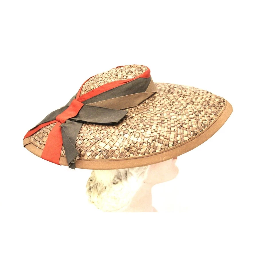 Vintage Wide Brimmed Straw Hat 1940s Brown New York Creation WW2 Guernsey Pie - Image 3 of 4