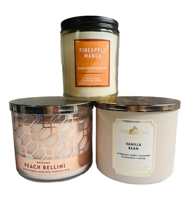 3 Scented Candles Pineapple Mango Vanilla Bean Peach Bellini White Barn Home Dec