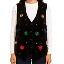 Black Velvet Vest Christmas Holiday Party Embroidered 14W Plus 1X Bobbie Brooks