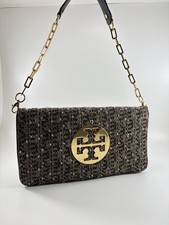Tory Burch Reva Tweed Fabric/Leather Purse Clutch Convertible Gold Logo (5326-1)