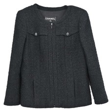 Chanel Zip Up Collarless Tweed Jacket Black 04A #36 198355