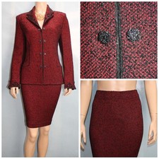 St John Couture Red Black Jacket Skirt L Size 8 10 2pc Suit Embroidery Stud Trim