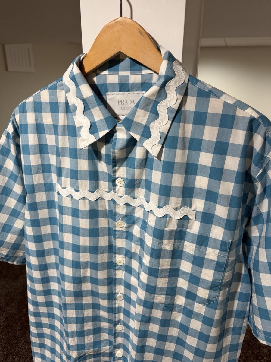 PRADA x Raf SS23 Gingham Blue Plaid Stripe Button Logo Shirt | eBay