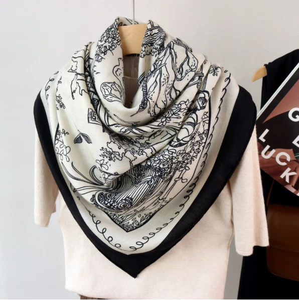 70% 羊绒 30% 真丝围巾 Bandann 53 英寸方形黑色房子印花披肩裹巾全新 — 第 4/4 张图片