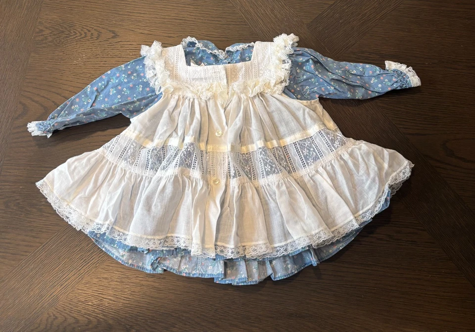 Vintage Bryan Toddler 12M Blue Floral Full Circle Dress w Pinafore Ruffles Lace - Image 3 of 4
