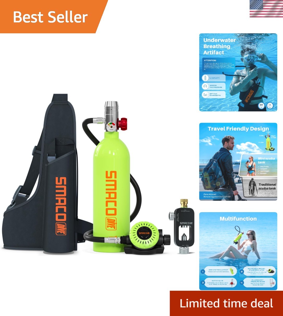 Compact 1L Diving Pony Bottle with Quick Inflate Options for