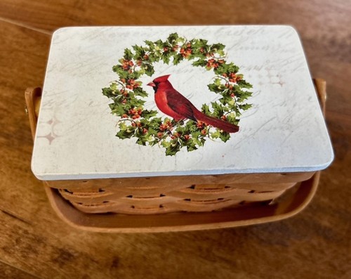 Small Woven Basket with Cardinal and Holly Wreath Lid