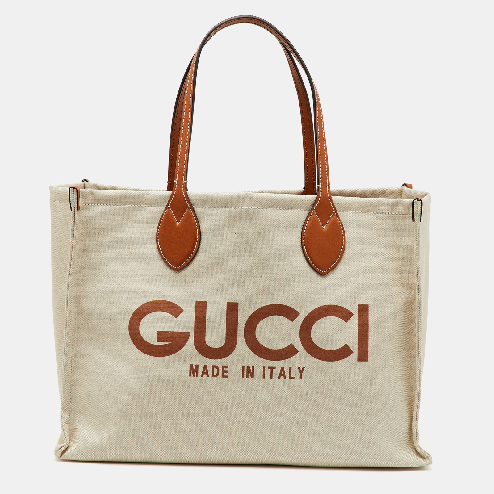 Gucci Beige/Light Brown Canvas and Leather Logo Printed Medium Tote
