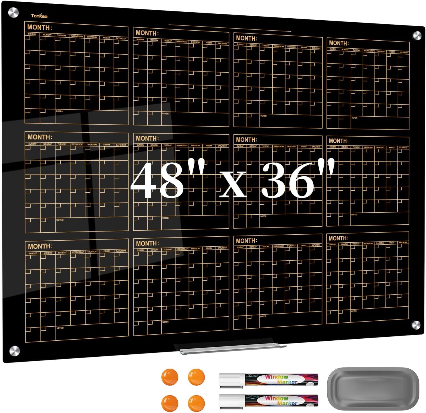 48x36in Black Glass Dry Erase Calendar Board Magnetic Monthly Wall Whiteboard