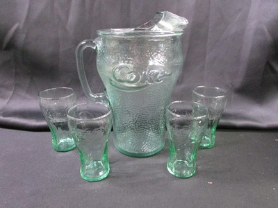 Vintage 9'' Coke Coca Cola Glass Pitcher Pebbled Heavy Glass W/ 4 5'' Glasses
