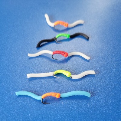 5 x #14 barbless SQUIRMY hothead Worm selection Flies HOTHEAD Trout FLY Fishing