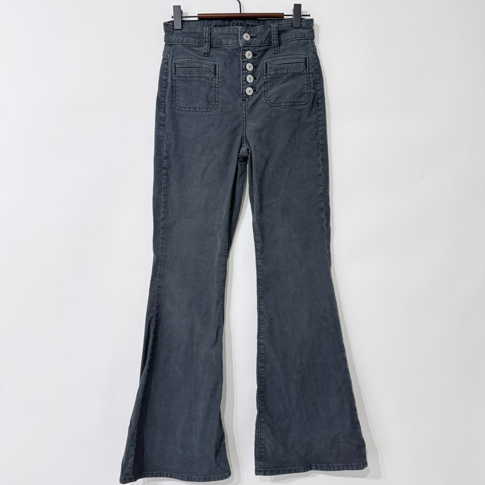 American Eagle Super Hi Rise Flare Corduroy Pants Womens Size 0 Gray Button Fly