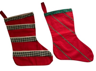 Handmade Vintage Christmas Stockings Red Cotton Green Gingham Trim Holiday Decor