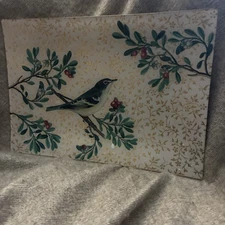 Decorative Glass Tray Dish Bird Holly Fringe Studio Christmas Holiday 7x10.5