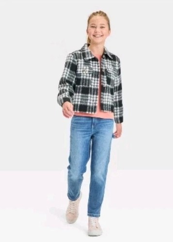 Cat & Jack Black & White Plaid Cropped Shacket Girls Size XS (4/5) Shirt Jacket - Picture 6 of 11