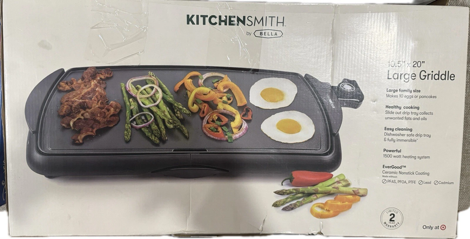 🍔 KitchenSmith by Bella Family-Size 10.5" x 20" Electric Large Griddle🆕🥓