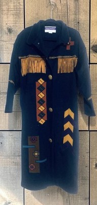 Vintage Wool  Western Aztec Blue Coat Wearable Art Jacket Duster Patchwork Small