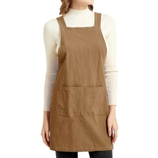 Aprons for Women with Pockets Unisex Comfort Cross Back No Tie Cotton Linen A...