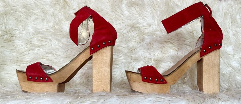 Sandalias de tacón alto vintage Bebe rojas de gamuza con plataforma de bloque de madera talla 10 Foto 4 de 4