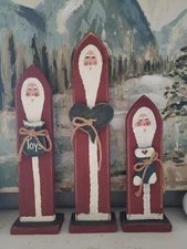 Set Of Three Primitive, Folksy Wood Santa's Christmas Decor, Vintage, Adorable 