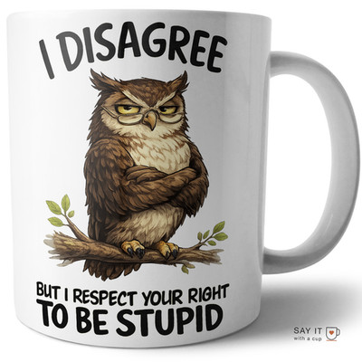 Funny Sarcastic Owl Coffee Mug  I Disagree But I Respect Your Right To Be Stup*d