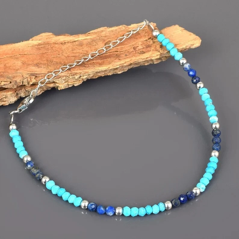 Bracciale/cavigliera in lapislazzuli naturale con perle di pietre preziose... - Immagine 2 di 4