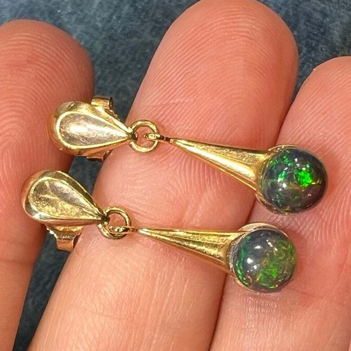 10k Yellow Gold Ethiopian Black Jelly Opal Dangle Earrings **Video** - Picture 3 of 10