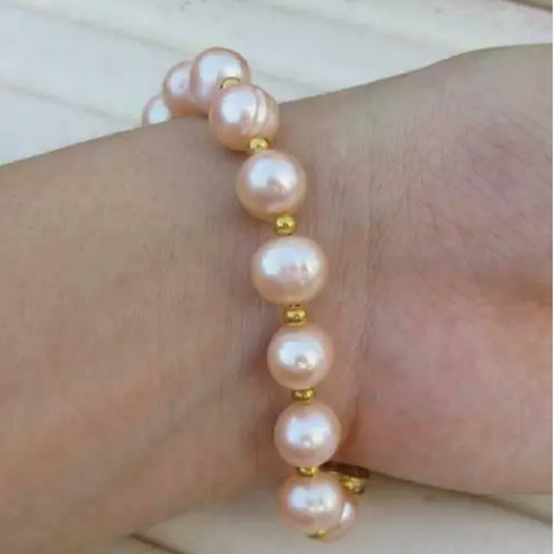 7.5-8" AAA 9-10MM NATURAL SOUTH SEA PINK PEARL BRACELET 14K GOLD CLASP - Picture 4 of 5