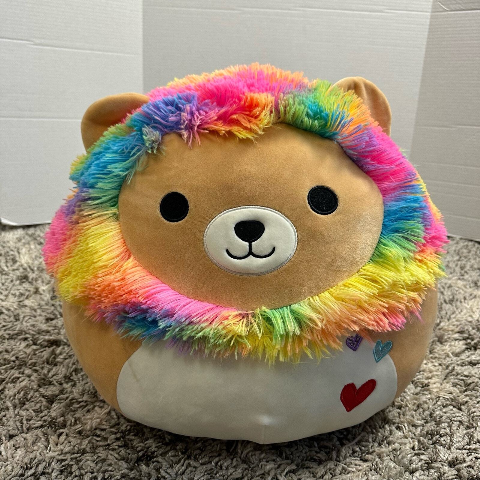 Squishmallow 16” Leonard the Lion Tie Dye Rainbow Mane Heart Valentines Large