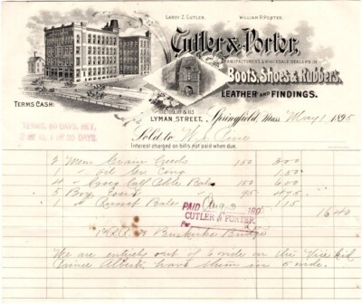 Culler & Porter Boots, Shoes & Rubbers, Billhead, Envelope, Price List 5/1/1895