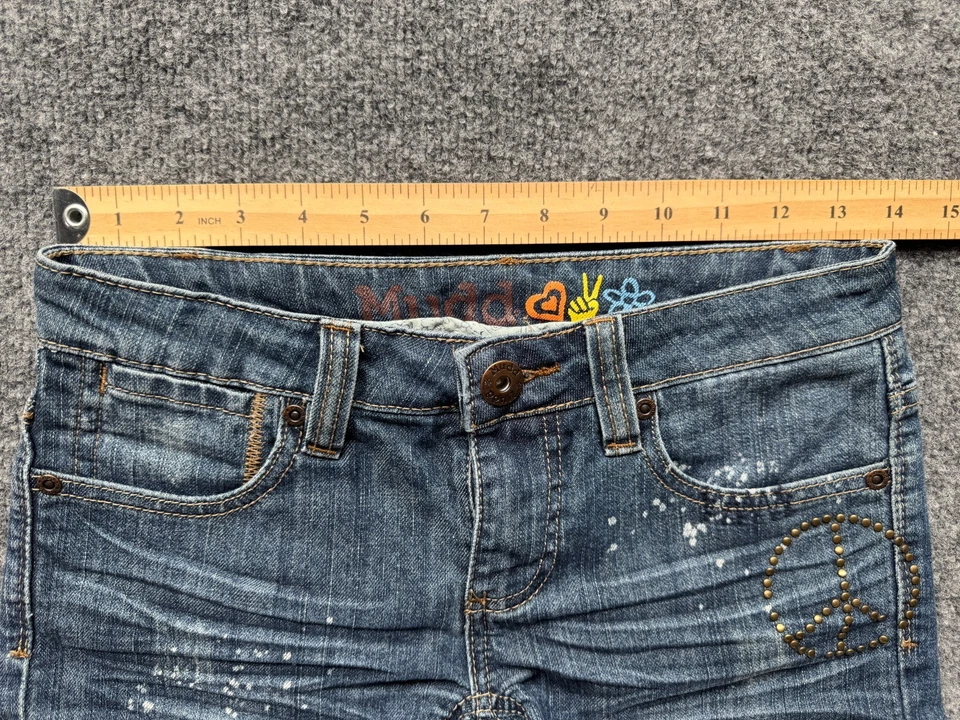Mudd Jean Shorts Paint Splatter Peace Sign Juniors Size 1 Blue Denim Cuffed - Image 2 of 4