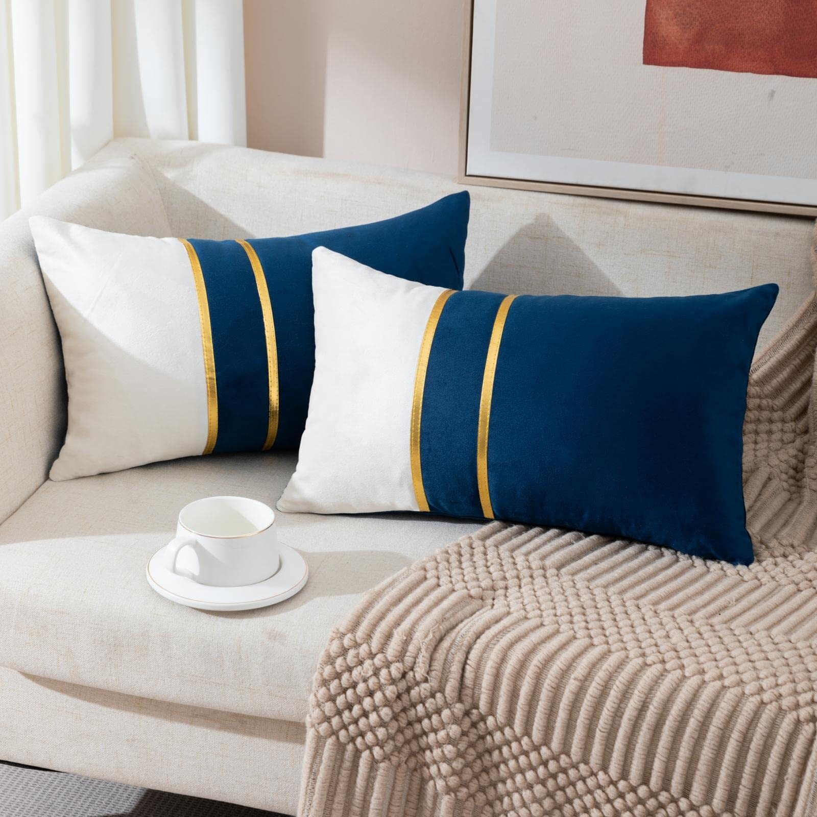 Set of 2 Velvet Decorative Lumbar Pillow Covers Navy Blue White Patchwork wit...