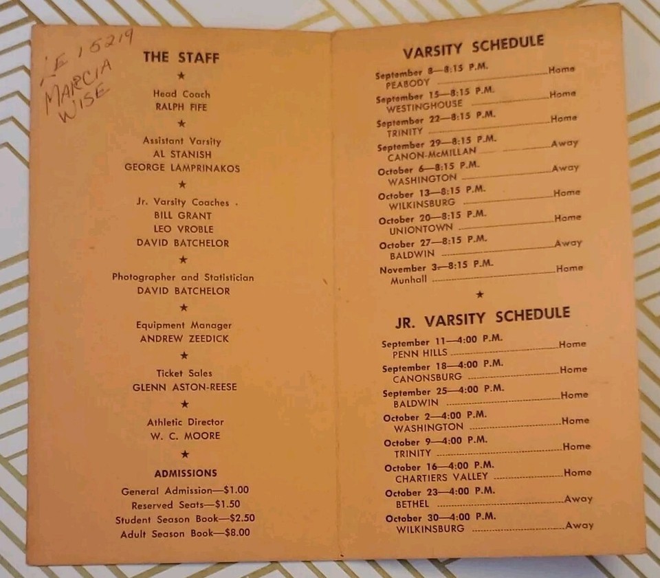 1961 Mt. Lebanon High School Football Schedule Vintage & RARE MLHS eBay