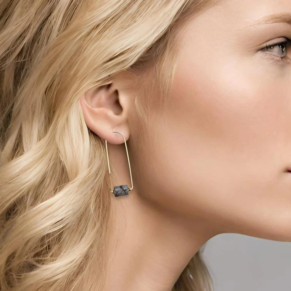 Серьги-ниточки из золота 14 карат со снежинками обсидиан минимальный шик - Изображение 3 из 4