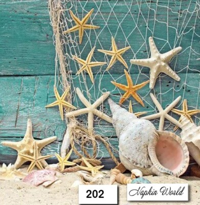 (202) TWO Individual Paper Luncheon Decoupage Napkins - STARFISH SEASHELLS OCEAN