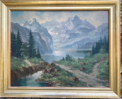 :BIEDERMEIER STYLE OIL PAINTING SIGN. B.SALBECK ALPSEE IN MOUNTAIN PANORAMA WITH BRIDGE