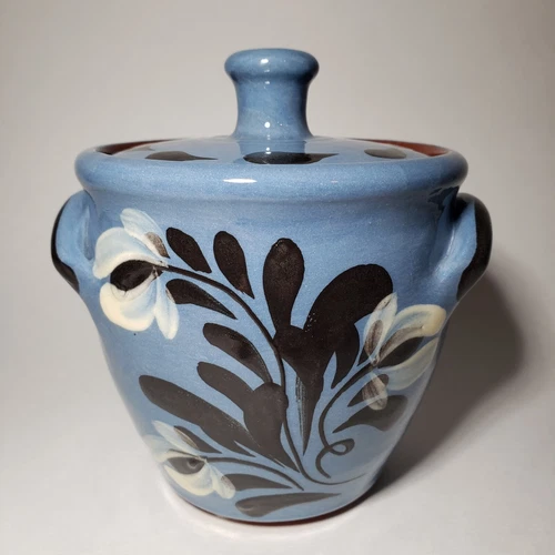 Eldreth Pottery Redware Jar Crock With Lid Blue Black White Floral 5.5"