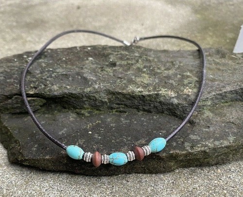 Turquoise Beaded Choker Surfer Necklace Beaded 18 " Necklace Boho Beach Choker - Picture 3 of 7