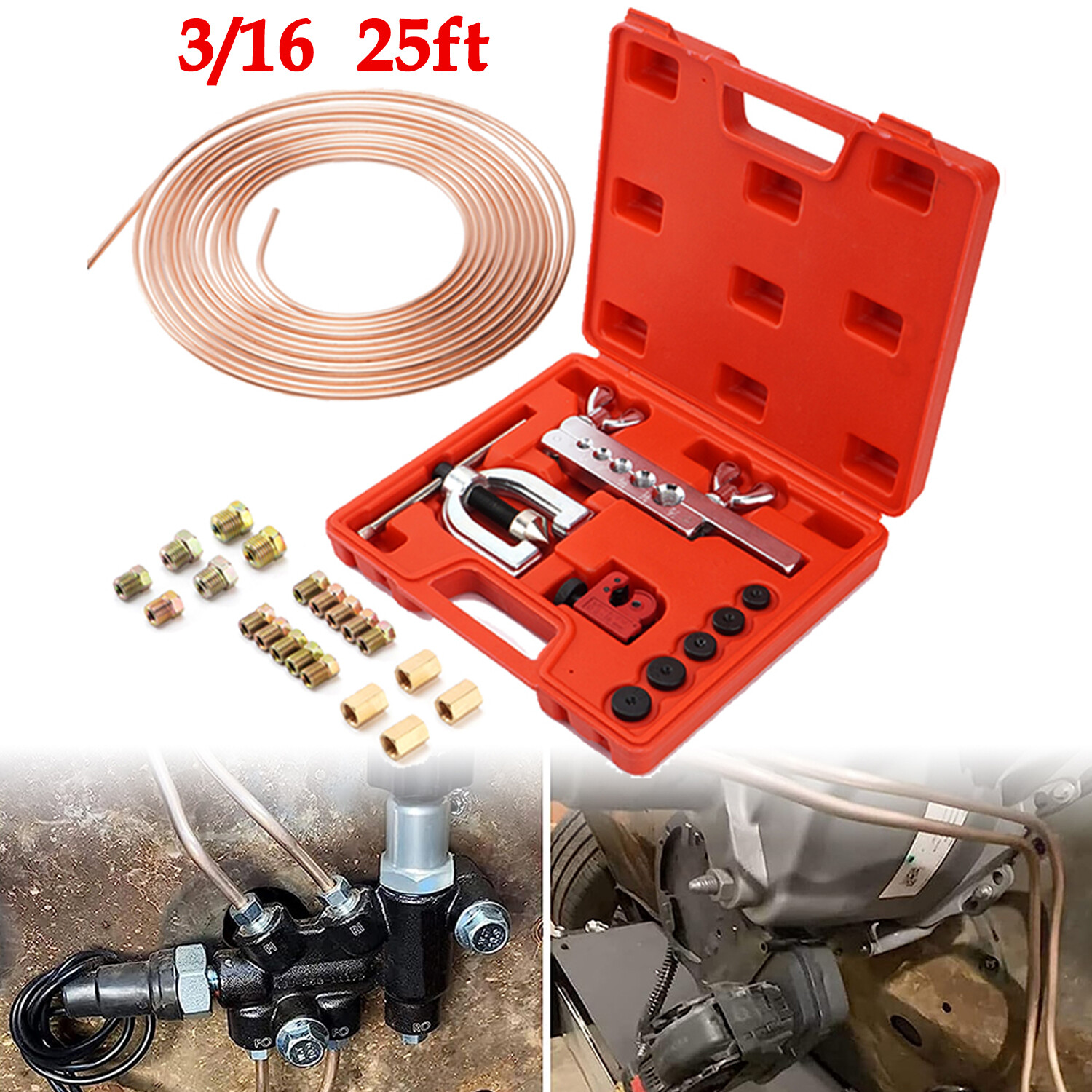 Brake Line Pipe Repair Kit 3/16 25FT Copper Pipe Flaring Tool w/20 Nuts