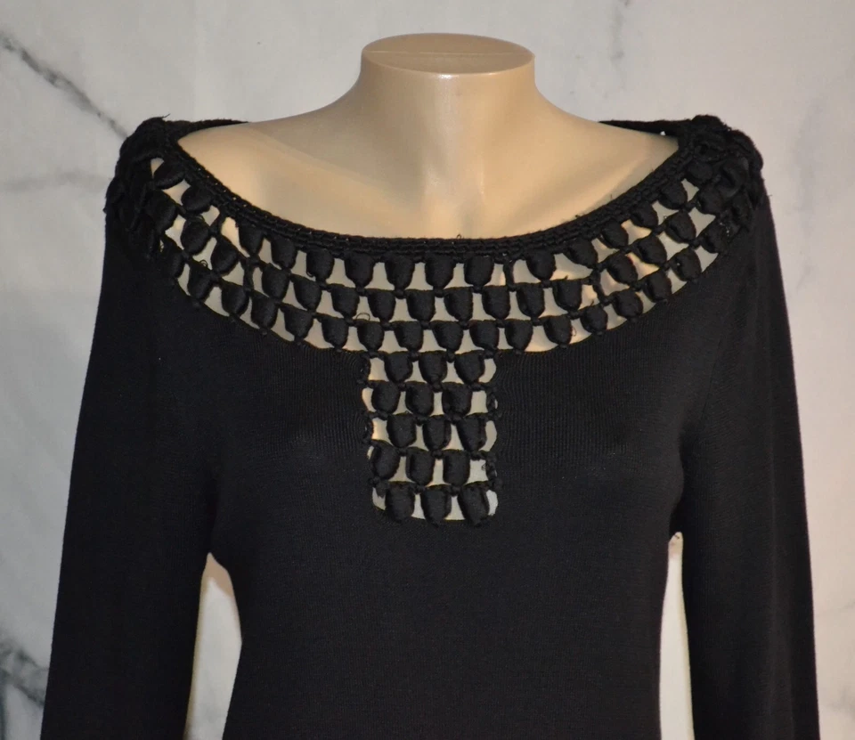 Vestido MILLY Negro Seda Algodón Cachemira Tejido Medio Abierto Puños Escote Foto 2 de 4