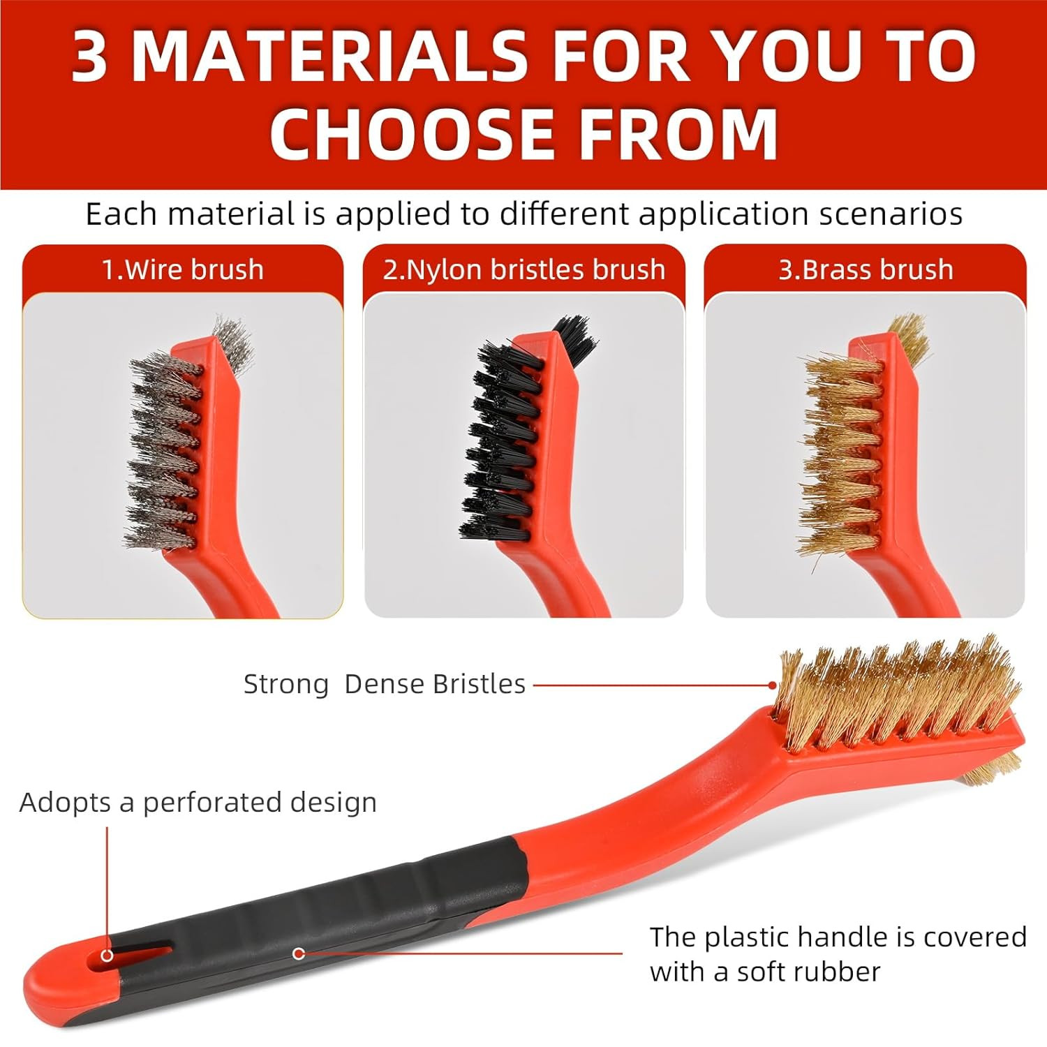 3Pcs Wire Brush Set for Rust Paint Metal Cleaning – Brass Nylon Steel 7 Inch