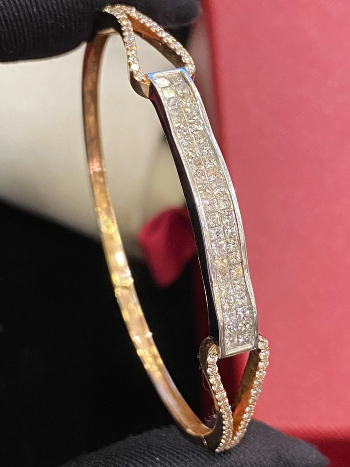 Pave 1.99 Cts Princess Round Shape Diamonds Unisex 8 MM Bangle Bracelet 14K Gold - Image 2 of 4