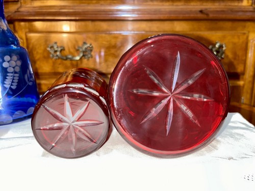 Cobalt Blue Cranberry Red Cut to Clear Bedside Water Carafe Glass Bohemian Czech - Picture 5 of 20