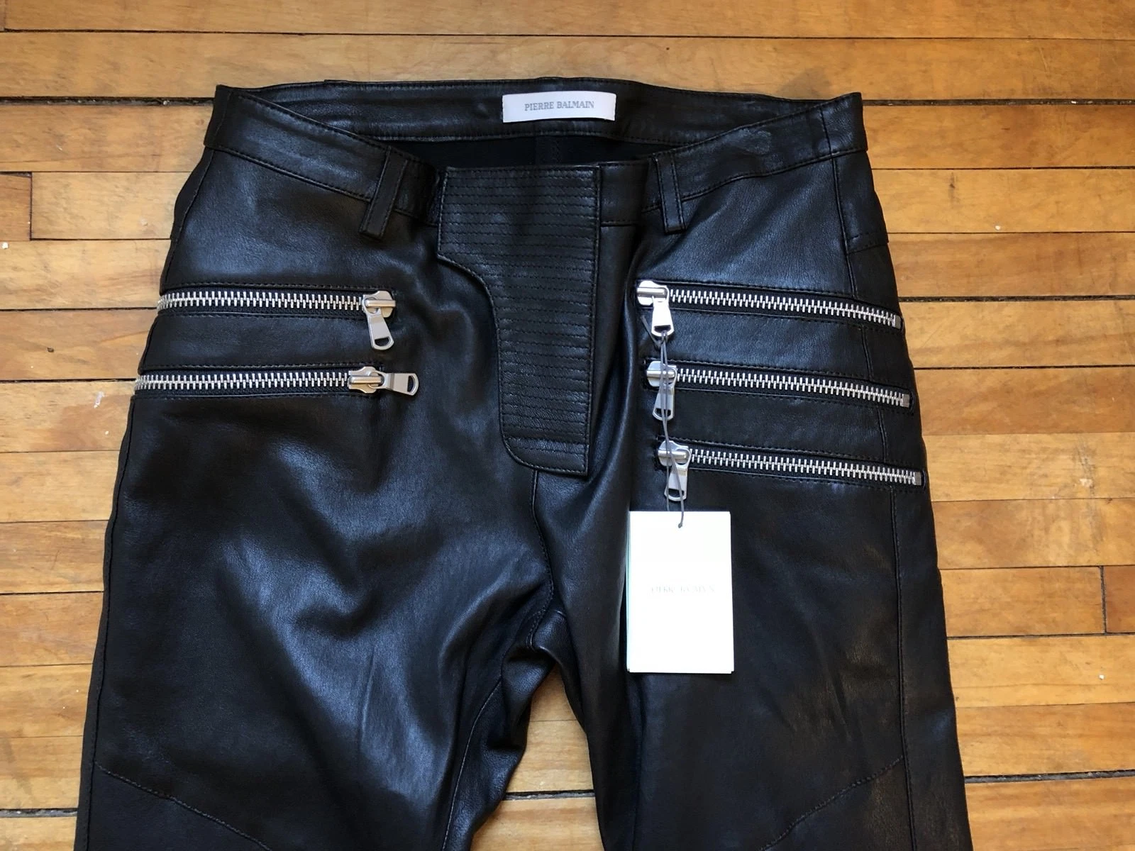 Balmain — PIERRE BALMAIN BLACK LAMBSKIN LEATHER MULTIZIPPERS BIKER PANTS JEANS 48 32 $2450