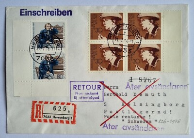 R - Brief  Mi.Nr. 826+1177 - Herrenberg - Helsingborg 1984 - Postlagernd /Zurück