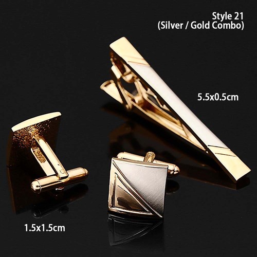 Mens Stainless Steel Silver Gold Shirt Cufflinks Neck Tie Pin Clip Bar Clasp Set - Picture 21 of 42