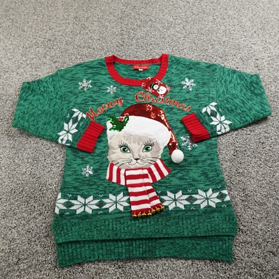 NEW Blizzard Bay Sweater Mens S Green Cat Santa Ugly Christmas Holiday Crewneck