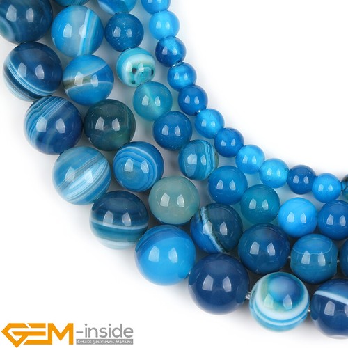 Blue Banded Agate LooseBig Hole 2mm Beads Natural Round Gems Jewelry Making 15" - Foto 2 di 35
