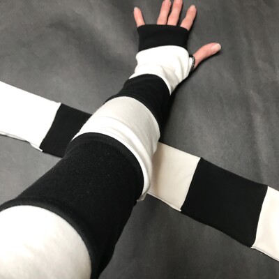 Long Striped Gloves White Hand Warmers Black Armwarmers Patchwork Sleeves Psy OS